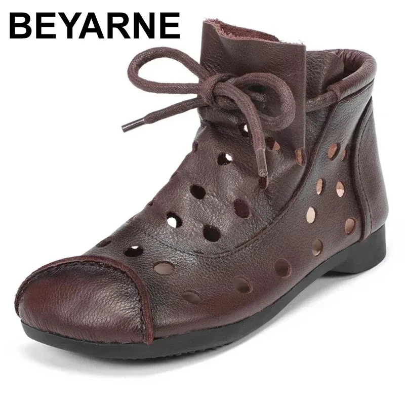 

Женские ботильоны 2025 года, летние сандалии из натуральной кожи, новые сандалии с круглым носком, шнуровка ручной работы в стиле ретро для отдыха