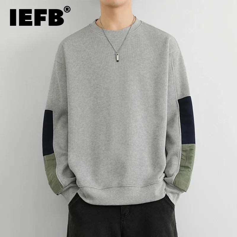 IEFB Korean Style Men's Sweatshirts Round Collar Patchwork Fleece-lined Thickened Contrast Color Male Pullover Clothing 9C8496