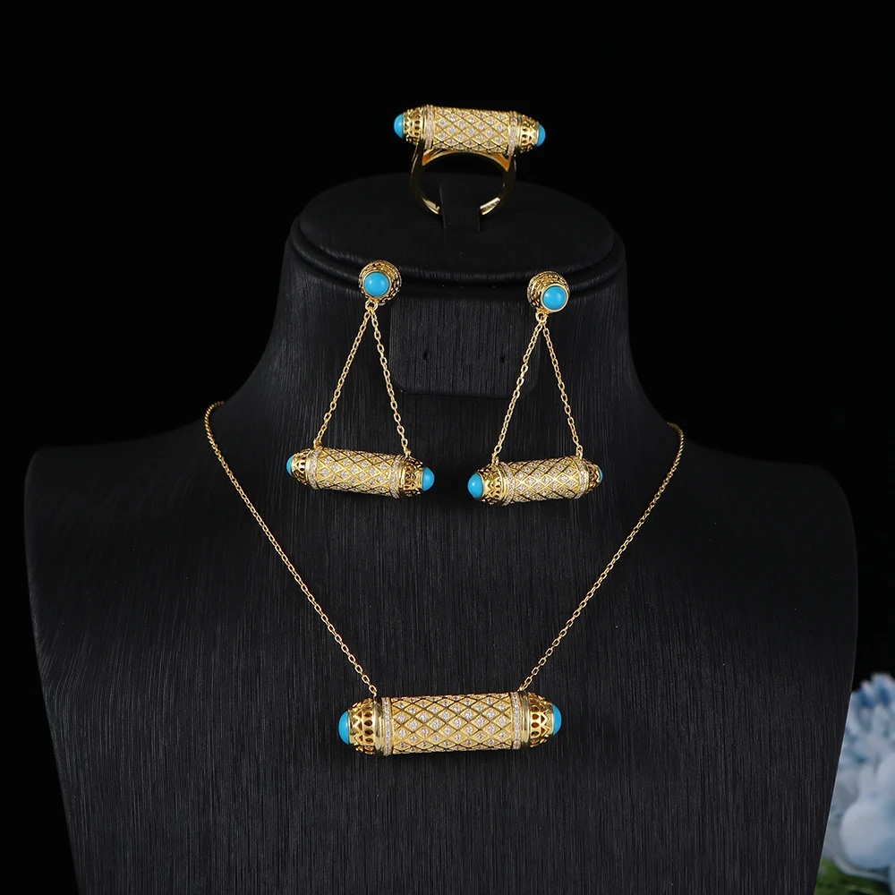 Trendy 3PCS Necklace Earring Ring Turquois Jewelry Set For Women Wedding Party Full Zircon Dubai Bridal Jewelry Set Gift S440