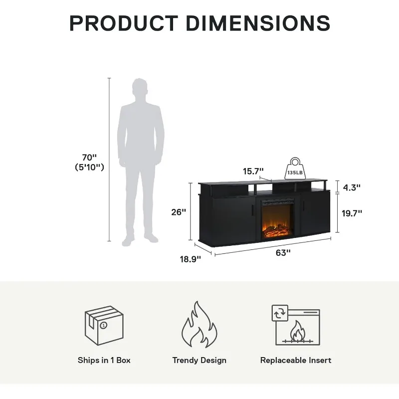 Supporto TV per caminetto Ameriwood Home Carson per TV fino a 70 pollici, riscaldatore elettrico sostituibile per caminetto, tronchi realistico