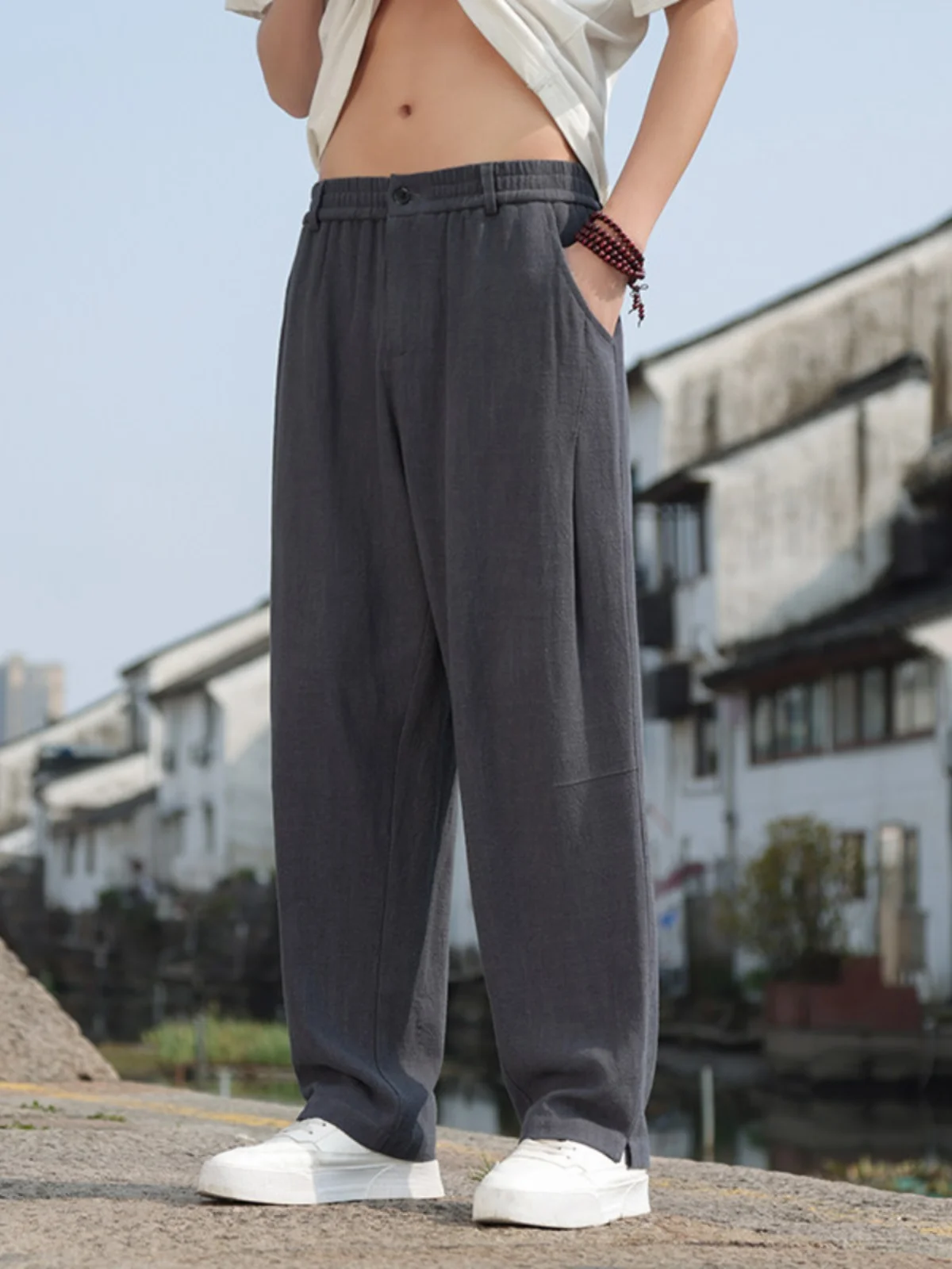 

Мужские летние тонкие дышащие льняные хлопковые брюки свободного кроя с широкими штанинами, прямые, длинные, повседневные, модные, свободного силуэта