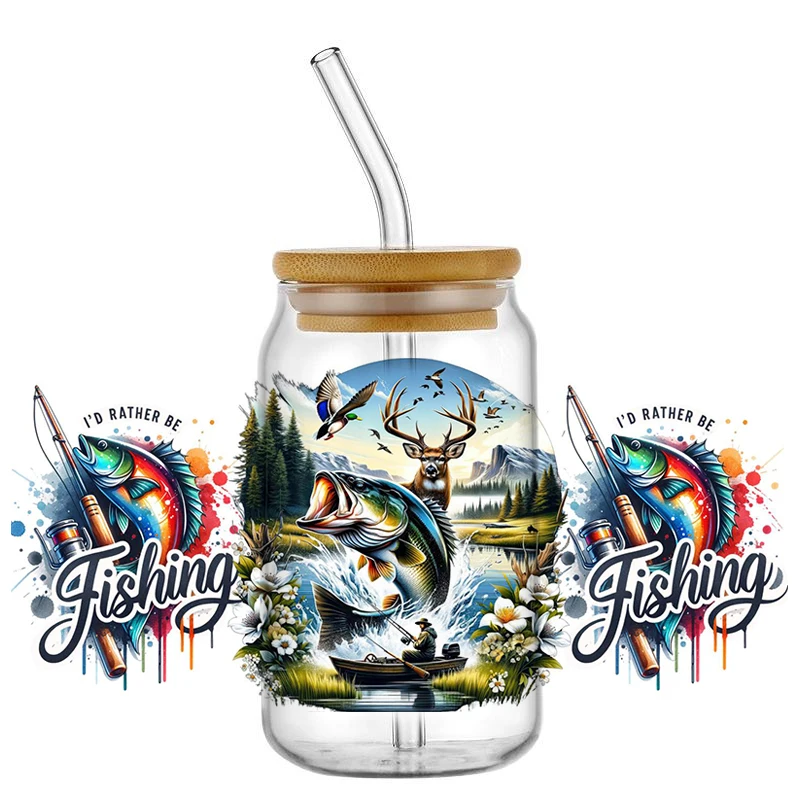 UV DTF Go Fishing Design Transfer Sticker For 16oz Glass Libbey Cup Wraps Can Bottle Selfadhesive Washable DIY Custom