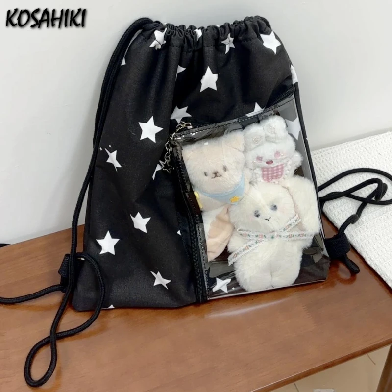 Drawstring Pleated Star Print Backpack Women Students Casual Transparent Ita Bags Streetwear Y2k Aesthetic Ins Preppy Schoolbags