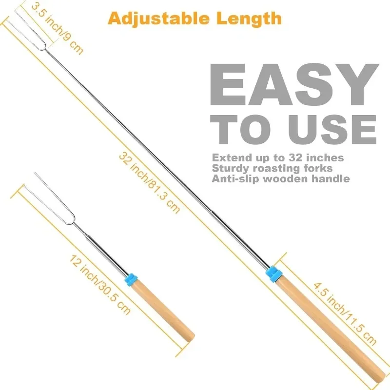 5Pcs/Set Barbecue Forks Outdoor Telescopic Wooden Handle Skewers Camping Stainless Steel Grill Extendable Marshmallow BBQ Sticks