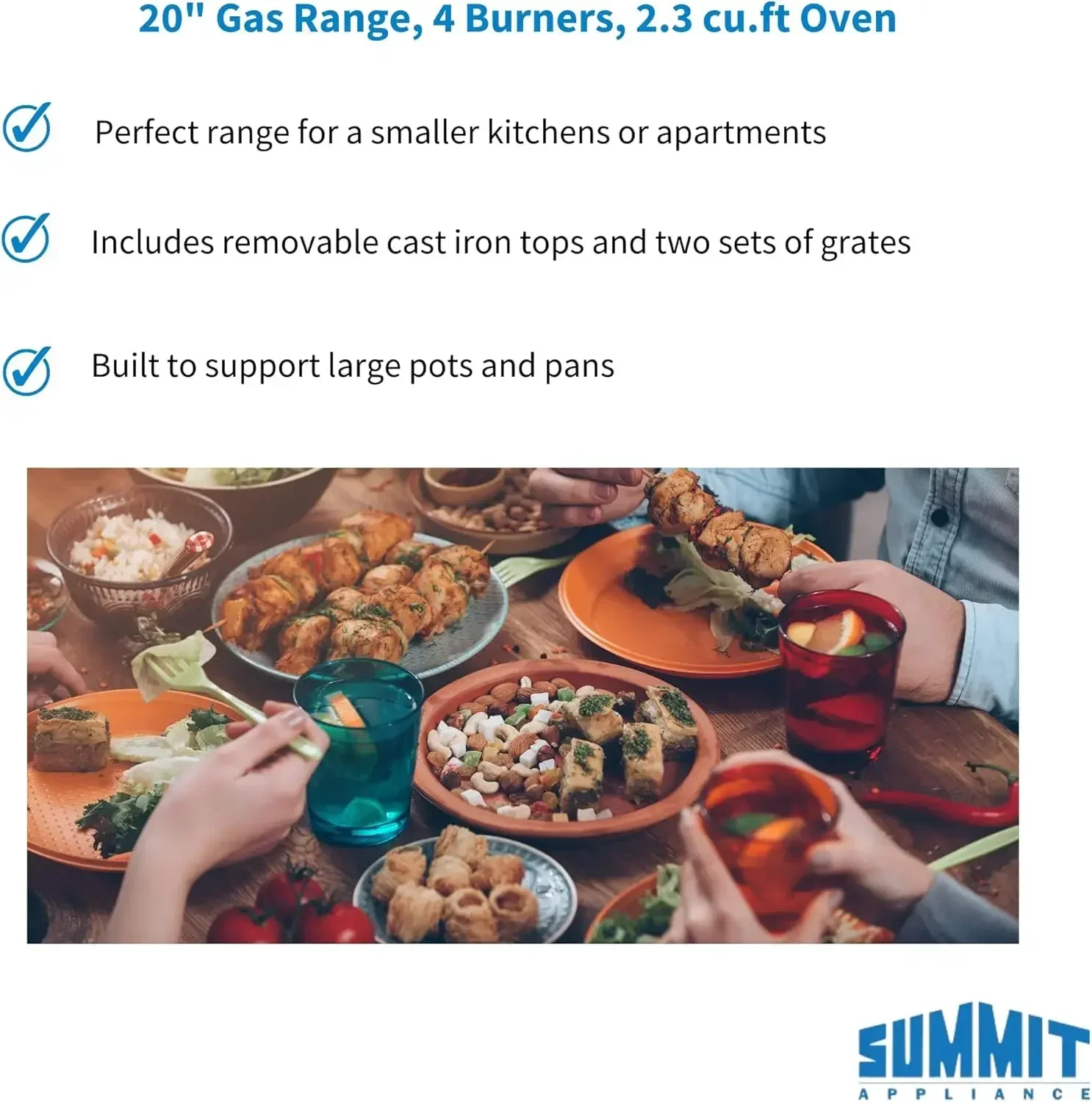 Summit 20” Gas Range, 4 Burners, Full 2.3 cu.ft Oven - (ADA Compliant) - RG200WS