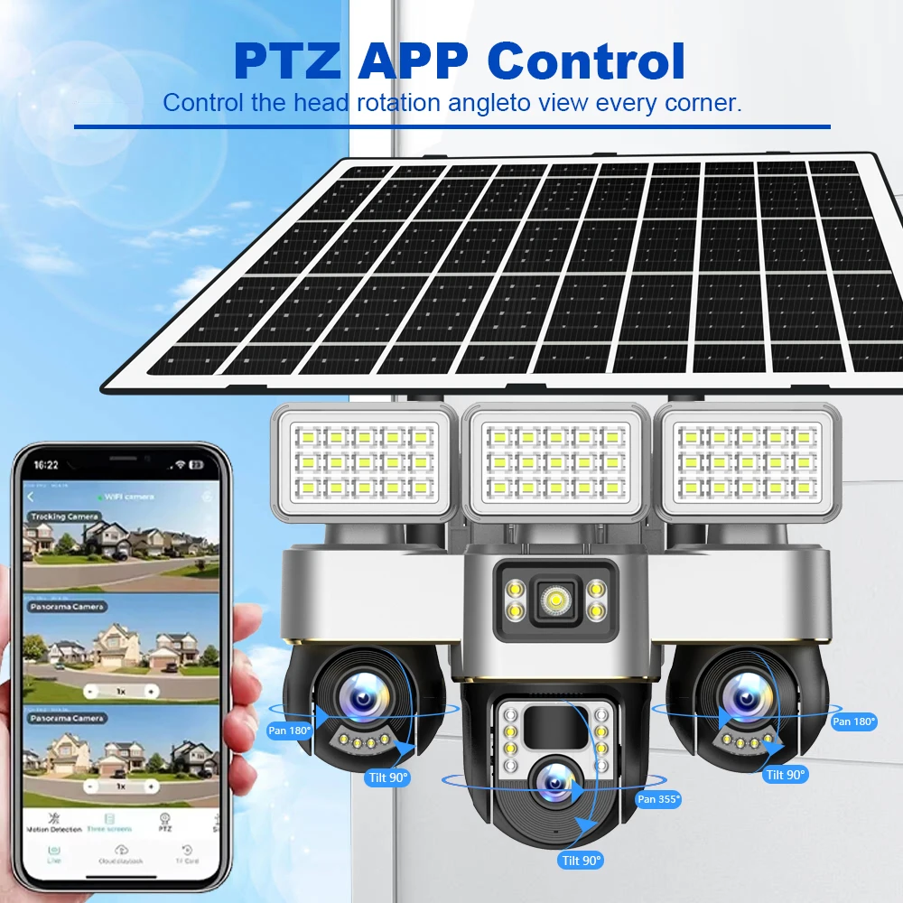 4G Sim Card Camera With Solar Panel Outdoor Floodlight Triple PTZ Camera Surveillance Security Protection CCTV Videocam V380 Pro view 3