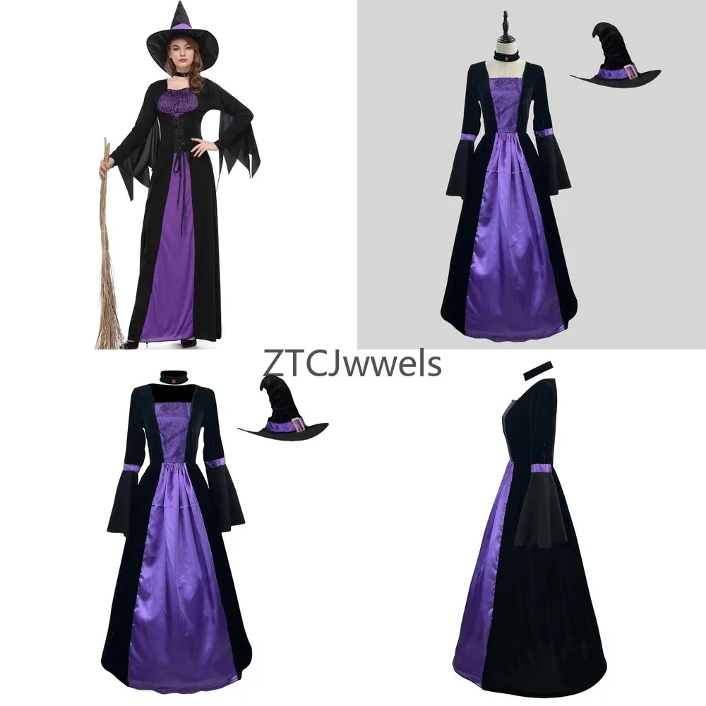 

Medieval Witch Costume for Women Hooded Dress with Square Neck and Trumpet Sleeves Cosplay Halloween Party Dress