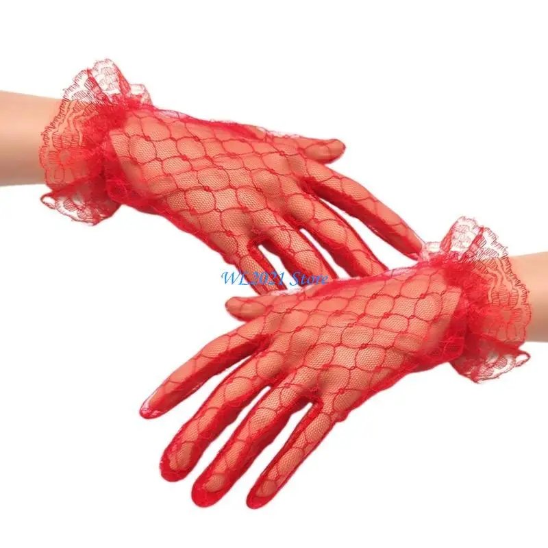 G5GC سيدة مساء مأدبة قفازات أنيقة كاملة الأصابع قفازات 1920s الزعنفة الأسود الدانتيل الزفاف قفازات الزفاف لملابس الزفاف