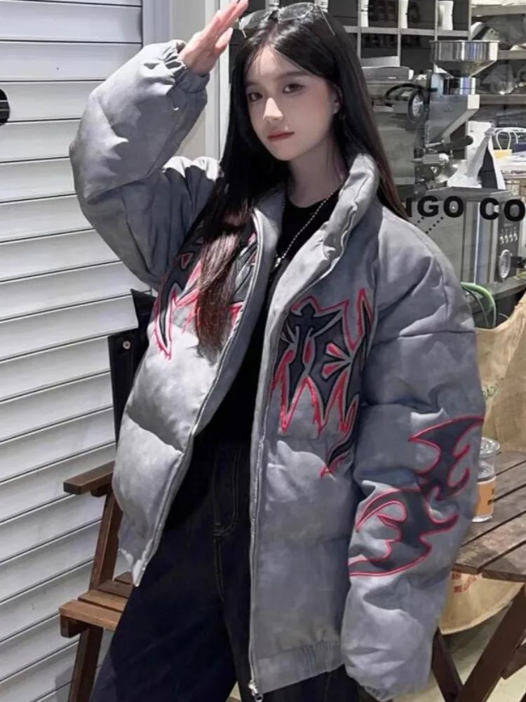 Vintage Letter Embroidery Jackets Women Men Harajuku Parkas Stand Neck Casual Loose Coat Streetwear Y2k Aesthetic Grunge Outwear