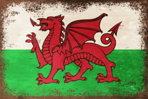 

Валлийский флаг, Baner Cymru, винтажный металлический знак в стиле ретро, Y Ddraig Goch, красный дракон