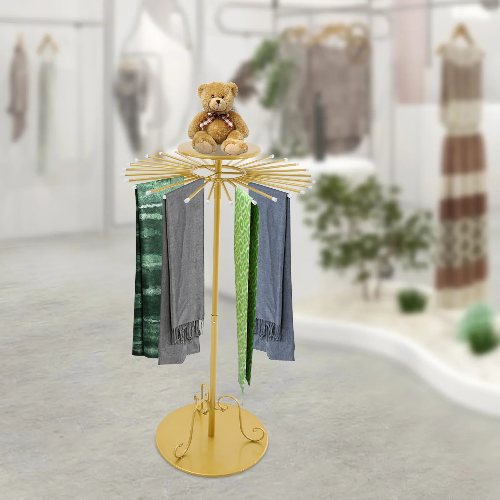 

70*82-134cm 30 Slot Freestanding Scarf Display Rack Rotating Round Scarf Display Stand for Shawls Headscarves Jewelry Trousers