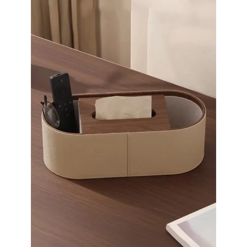 Luxury Walnut Grain Tissue Box, Leather Remote Control Holder with Drawer, Elegant Living Room Desktop Decor