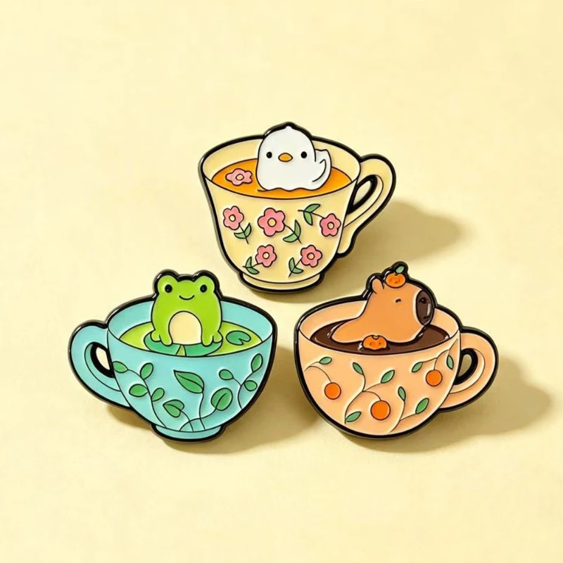 New Funny Animal Coffee Cup Brooch Cartoon Duck Frog Creative Enamel Pin Badge for Gift DIY Clothing