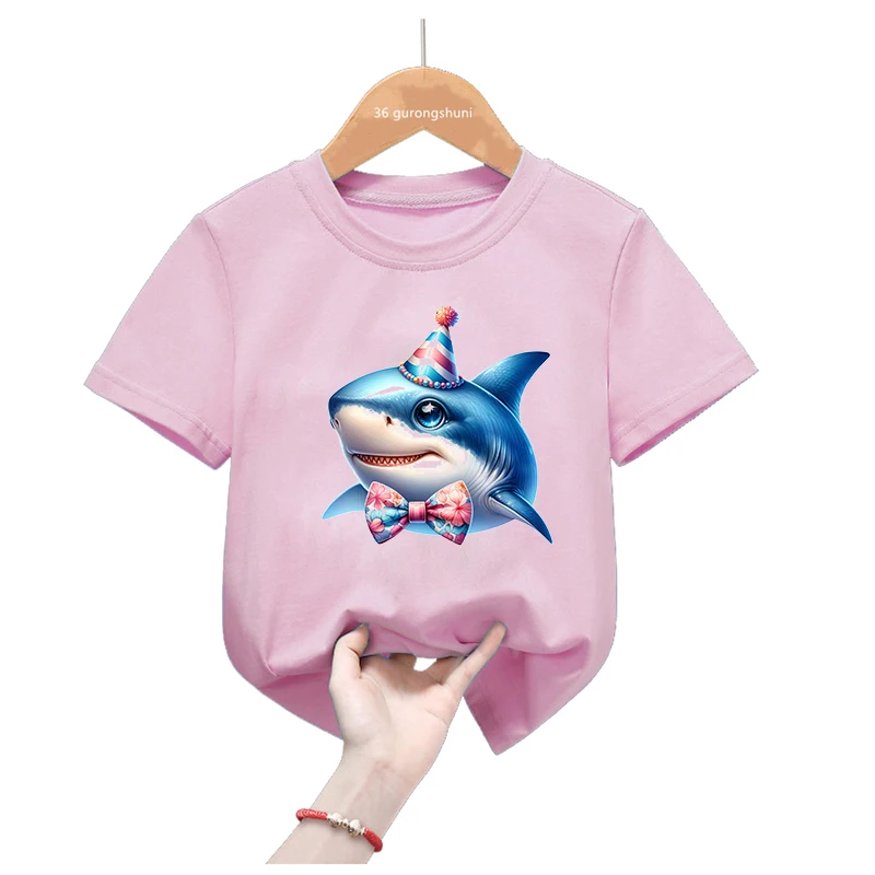 Watercolor Shark Printed T Shirt Girls/Boys Birthday Gift Kids Clothes Harajuku Kawaii T-Shirt Summer Fashion Tshirt Tops