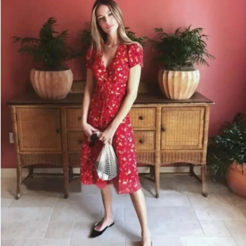 Women Summer Cherry Floral Print Maxi Beach Dress Female Fashion Boho Vintage V Neck Sexy Retro Party Dress New Red Wrap Dress