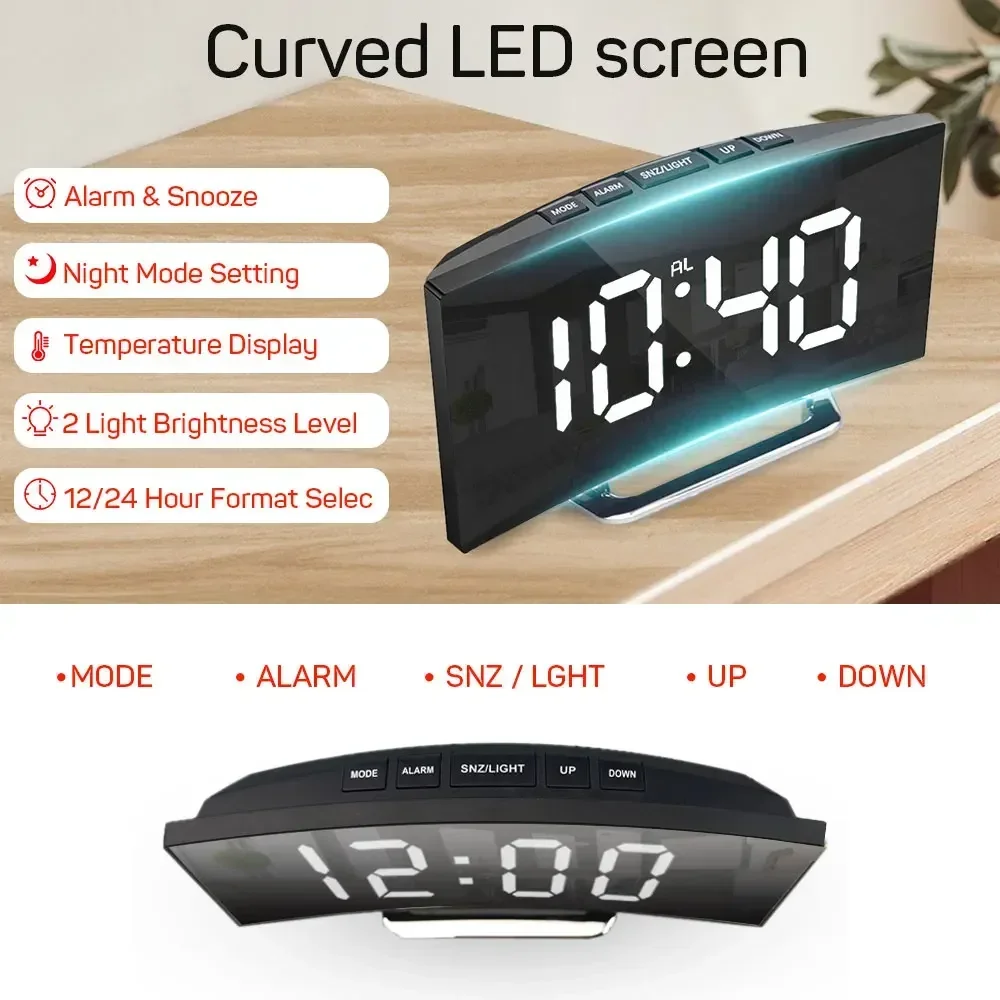 

Mode For Night Curved Bedside Led Temperature Modern Design Bedrooms With Alarm Snooze Mirror Digital Clock