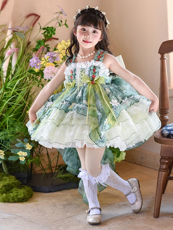 Vestido Estilo Lolita para Meninas, Saia de Tule, Vestido de Princesa Rodado, Vestido Infantil com Alças para Apresentação, Verde, Saia de Conto de Fa