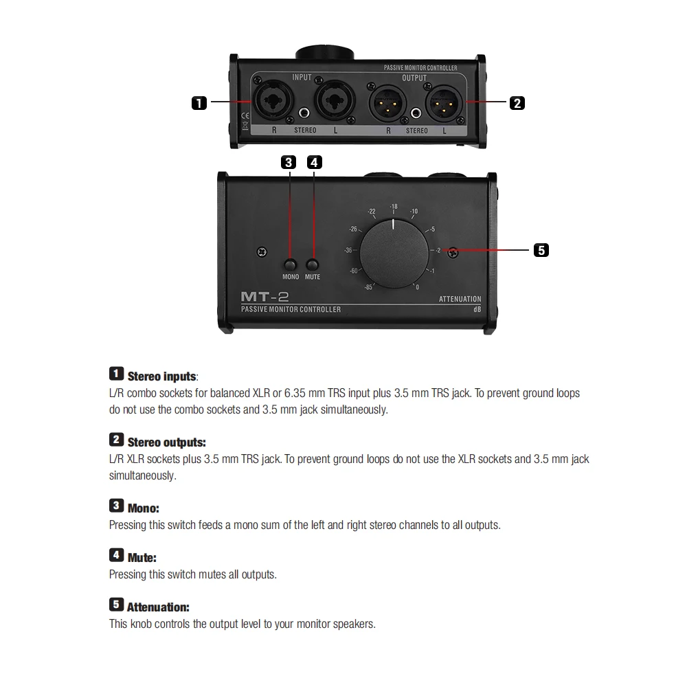 MT-2 Passieve Monitor Controller Audio Met Xlr 3.5Mm Ingangen Uitgangen Ondersteunt Demping Control Mute Functietools Stage Audio