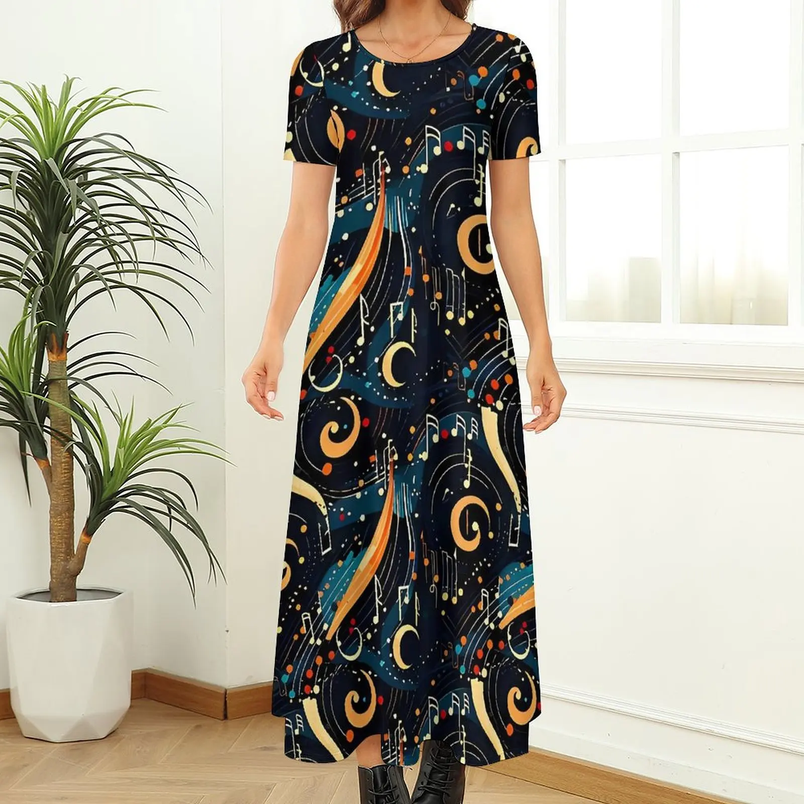 Robe Longue au Design Moderne avec Note de Musique pour Femme, Tenue de Rue, Style Boho, Idéale Plage, ix, Maxi, Cadeau d'Anniversaire