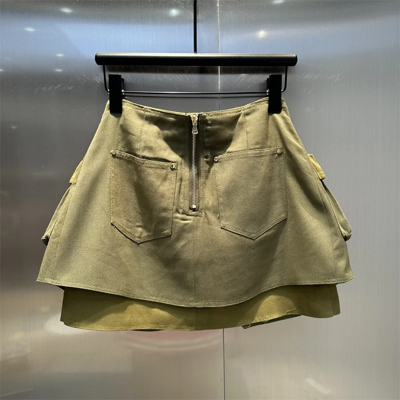 Army Green Cargo Skirt Women Big Pocket Split Zipper Back Streetwear High Waist A Line Denim Mini Skirt Chic Female Fashion