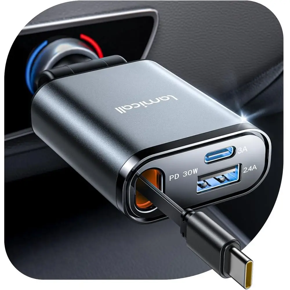 

60% Slimmer, 57W USB-C Car Charger Compatible with 17, 16, 15 inch Laptops, Retractable for Android Devices