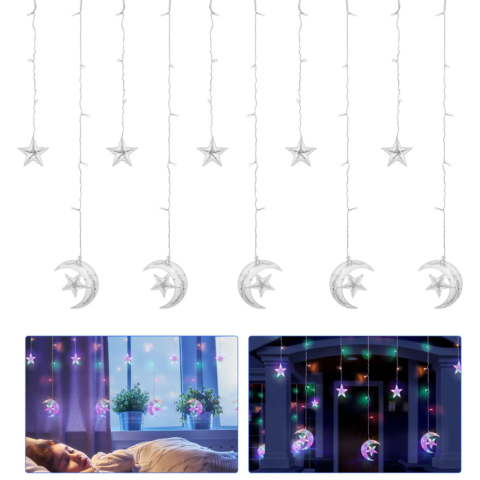 

2.5m 138 LED Decorative Star Moon String Lights Battery Operated Romantic Fairy Lights for Indoor Outdoor Lawn Gate Window Party