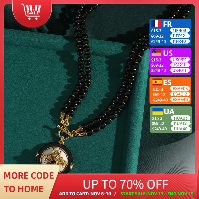 

Vintage Jewellery Black Beads Necklace Woman With Bee Pendant Natural Stone Weddings Elegant Charms Antique Luxury Designer 2025