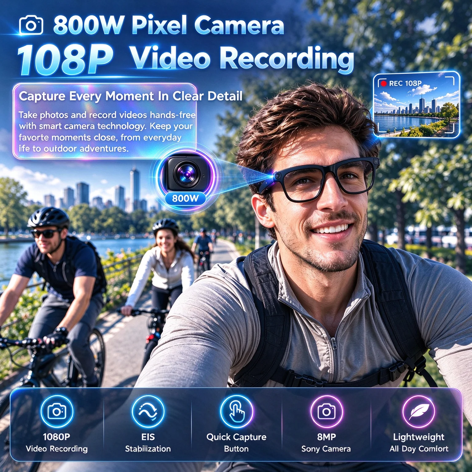 1080P Camera AI Smart Glasses Bluetooth 5.4 Wireless Open Ear Audio ENC Noise Canceling Touch Control IPX4 Waterproof Sunglasses