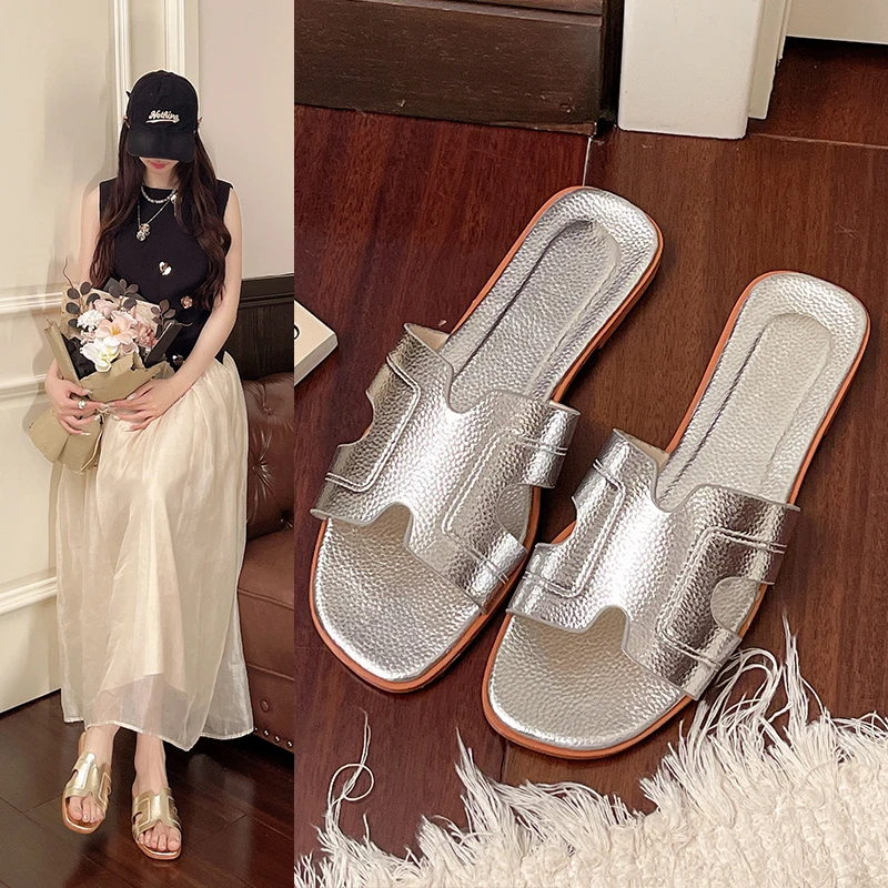 

Fashion Women's Silver Leather Slide Sandals, H Cutout Flat Slippers, Non-Slip Comfort Slides for Daily Wear