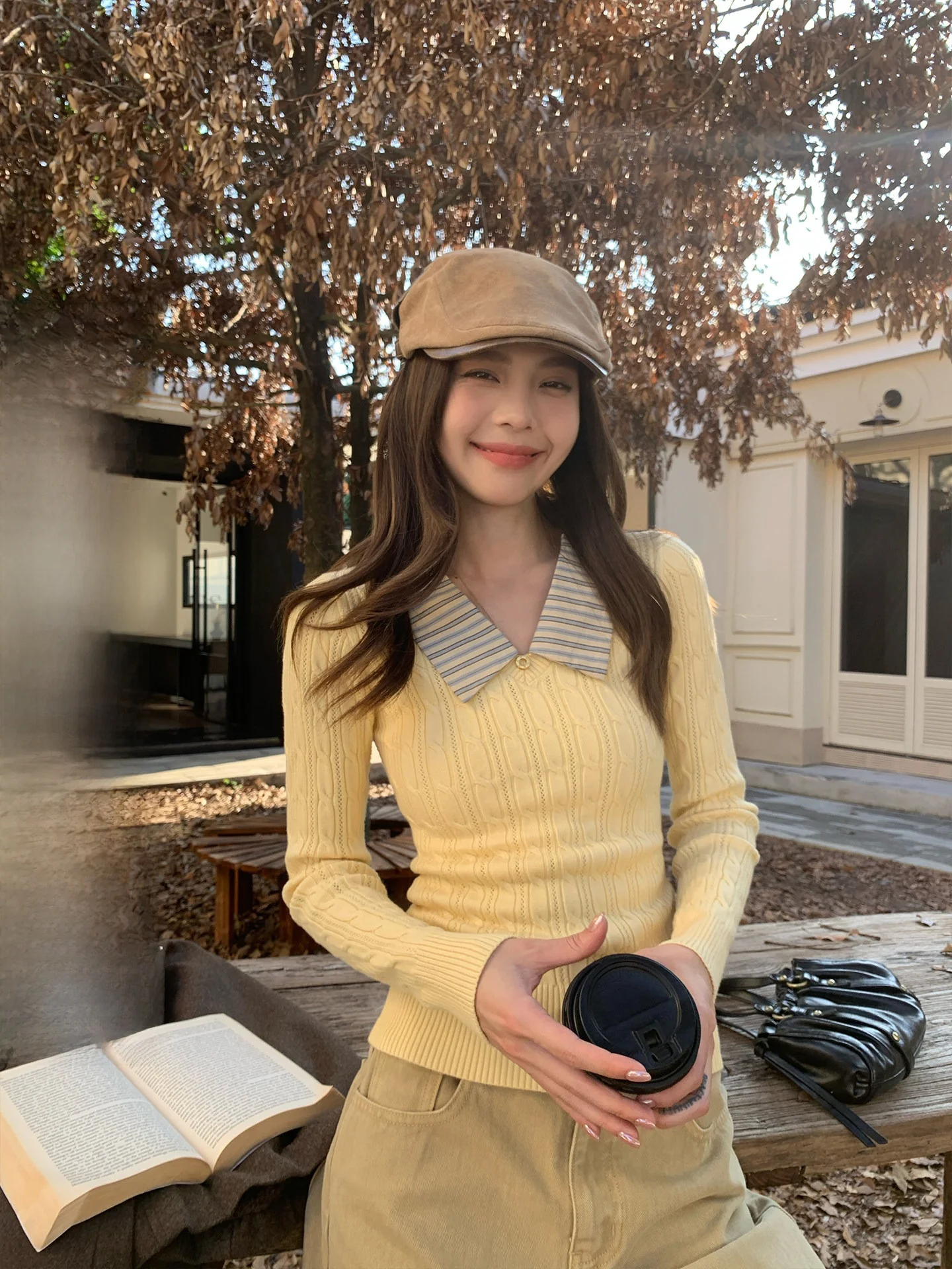 

Yellow V-Ne Twisted Stripe Knit Sweater Women's Sle Winter New Inner Wear Top Fake Two-Piece Slim Fit Korean Version Comm...