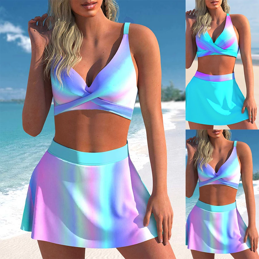 Summer Beach Fashion Women's Bikini Two Piece Set Solid Color Printed Sexy Fashion Beach Skirt S-5XL