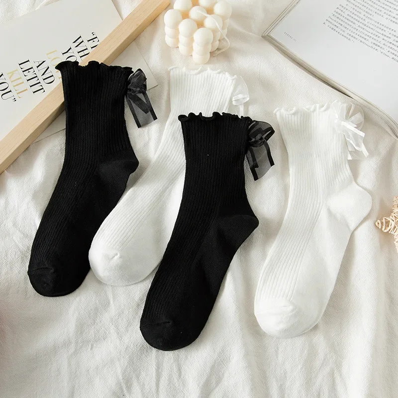 Lolita Sweet Girls Lace Bow Ruffle Socks Japanese Kawaii Cute Socks Women Black White Socks JK Costumes 2 Color Wholesale 1 Pair