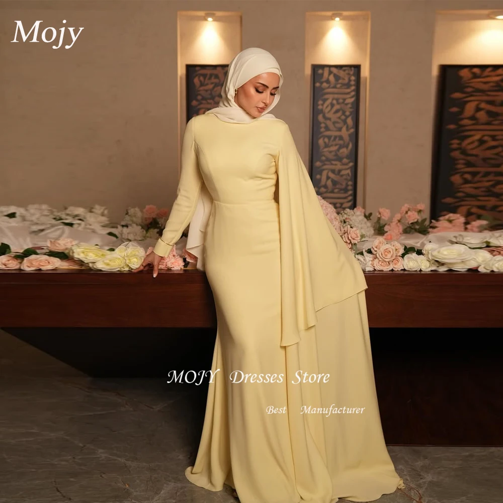 Mojy Blush Yellow Crepe Evening Dresses High Neck Full Sleeves Mermaid Formal Occasion Dress Elegant Prom Gown