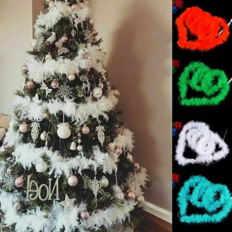 2PCS 2M Christmas Tree White Feather Boa Strip Xmas Ribbon Party Garland Decoration Apparel Fabric DIY Craft