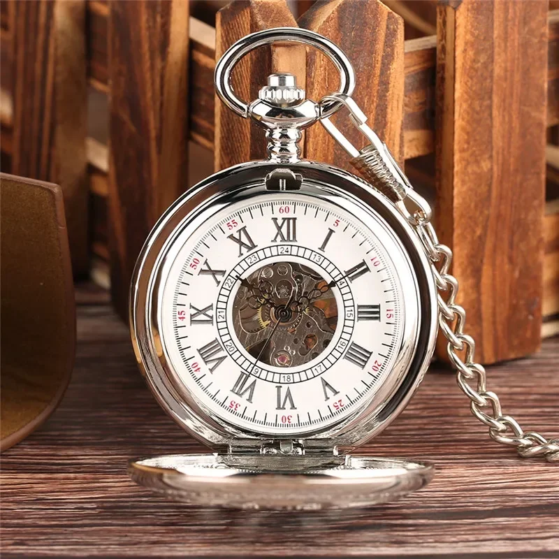 Classic Hollow Out Gear Case Men Women Hand Winding Mechanical Pocket Watch Pendant Chain Roman Numeral Dial Gift Reloj