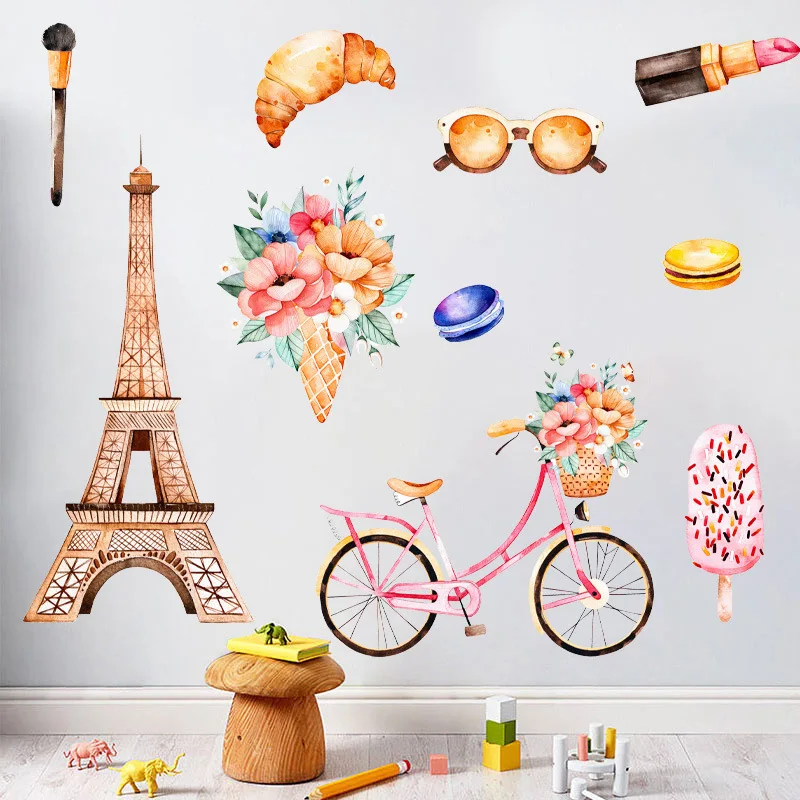 Pegatina de barra de labios de croissant de bicicleta de la Torre Eiffel literaria, papel autoadhesivo para decoración de sala de estar y dormitorio
