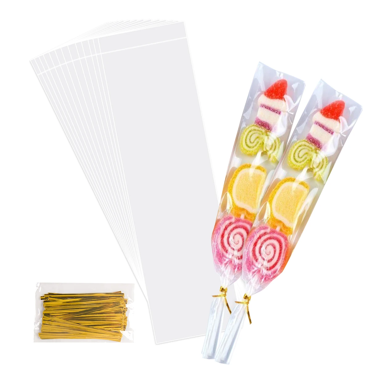 50pcs Long Transparent Cellophane Bags Plastic Self Sealing Lollipop Treat Bags Candy Bar Package Wedding Birthday Party Decor