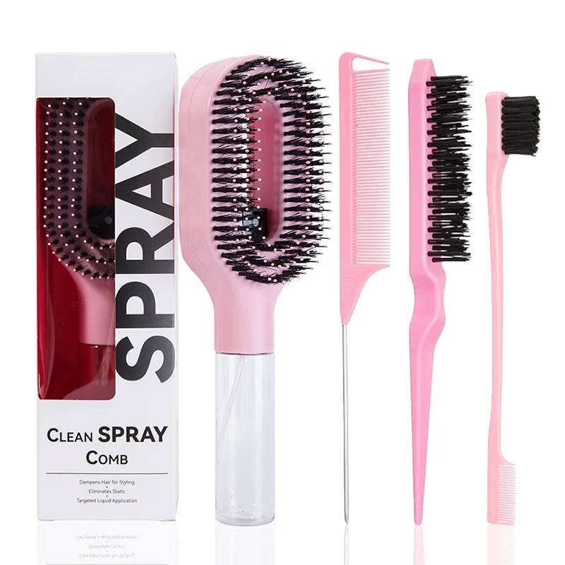 2-in-1 Pink Spray Hair Comb with Water Tank Fine Mist Detangling Brush Portable Hair Styling Tool for Women Daily Use