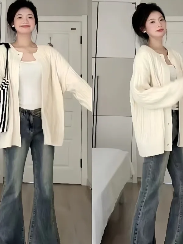 

Корейский уникальный супер милый вязаный открытый кардиган женский свободный ленивый свитер Jaet весна осень зима V-ne Long Sve