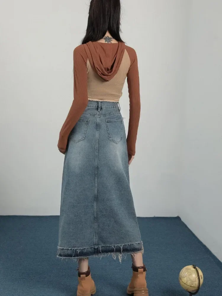 8 サイズミディスカート女性ディストレスデニムヨーロッパベーシックソリッドスリットデザイン秋 Y2k ストリートウェアシックファルダスムジェデイリーニュー