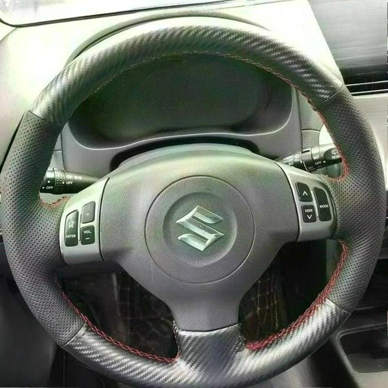 For Suzuki SX4 Alto Old Swift Opel Agila Hand Stitchedred renovation black leather Matte carbon fiber Car Steering Wheel Cover