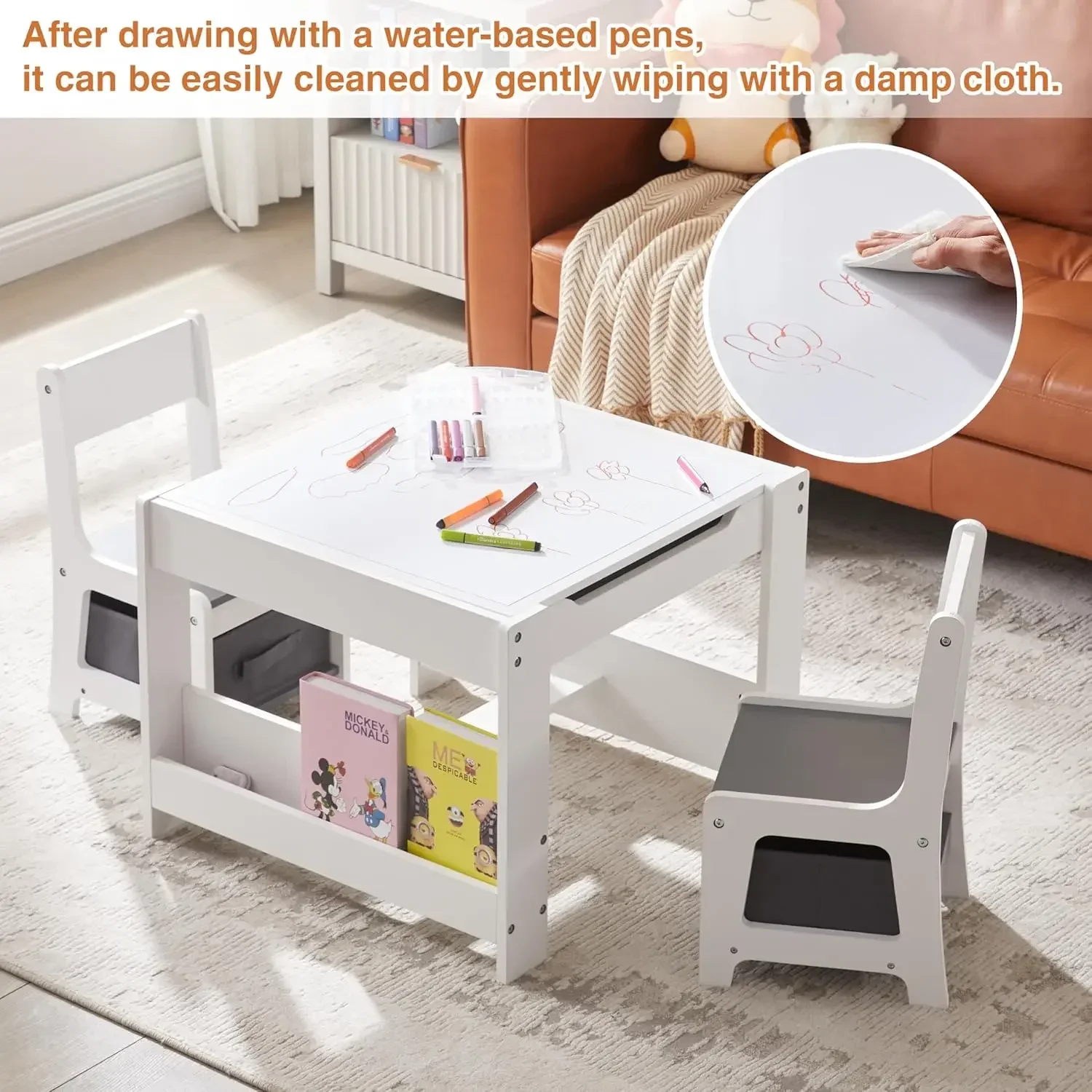 Conjunto de mesa e cadeira infantil, mesa de atividades de madeira 3 em 1 com estantes e gaveta de armazenamento, construção de mesa removível 2 em 1