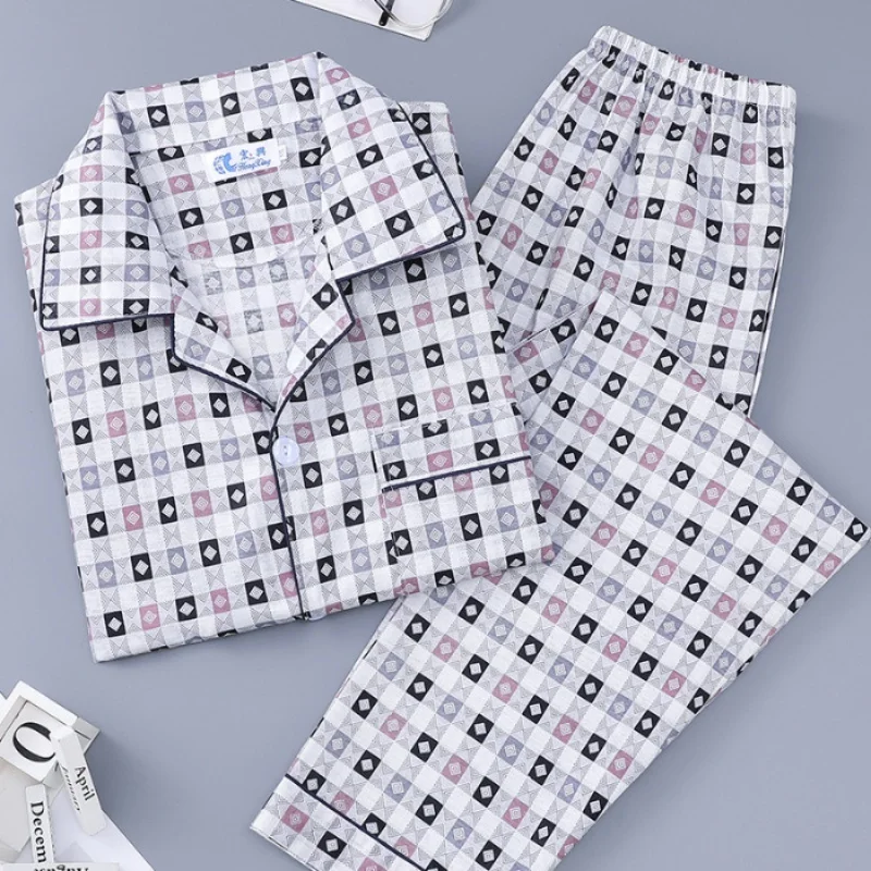 

New Summer Pajamas Men's Short-Sleeved Long Pants Polyester Cotton Young and Old Age Large Size Simple Pajamas Home Wear Suit