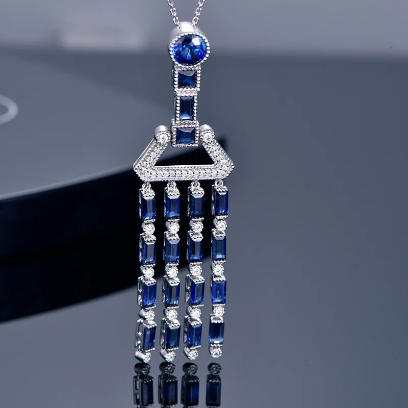 Foydjew Luxury Designer High-end Jewelry Simulation Sapphire Royal Blue Stone Pendant Necklaces Women's Long Tassel Necklace