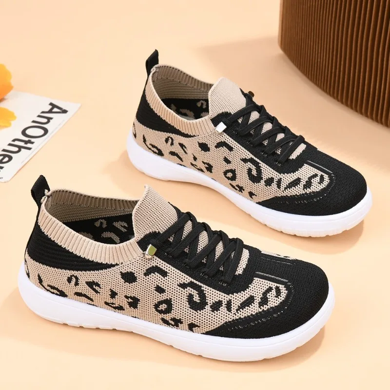 Zapatillas de deporte de punto con cordones y estampado de leopardo para mujer, ligeras, con suela de goma antideslizante, transpirables, para caminar, informales