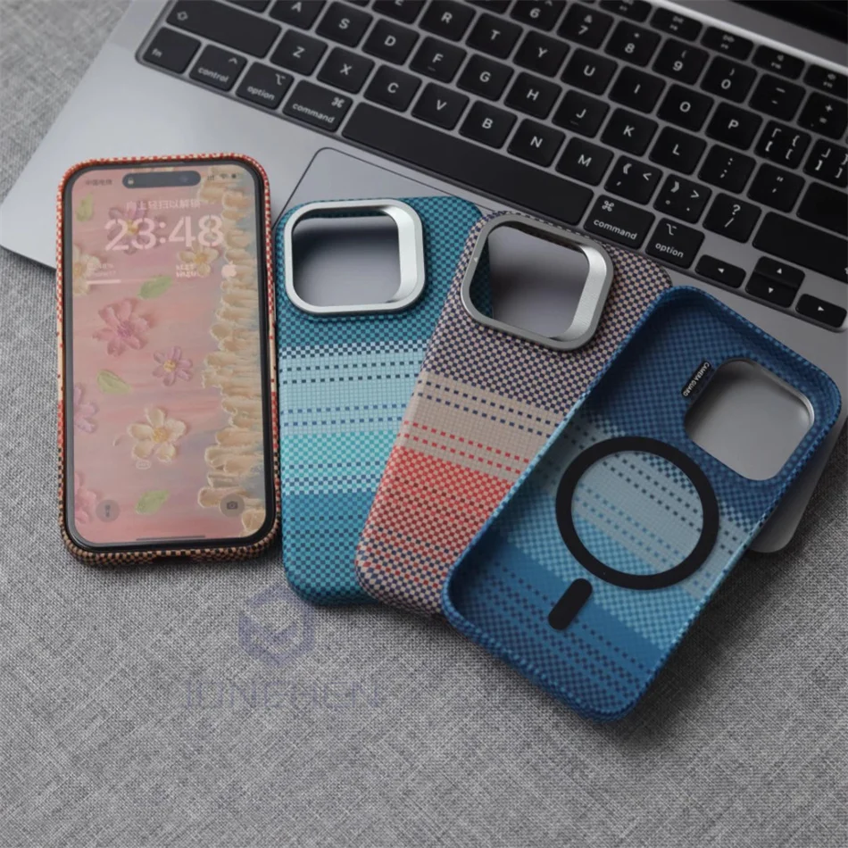 Magnetic Slim Case For Magsafe Stand Alloy Len Luxury Matte Relief Carbon Fibre Pattern PC Cover For iPhone 13 14 15 16 Pro Max