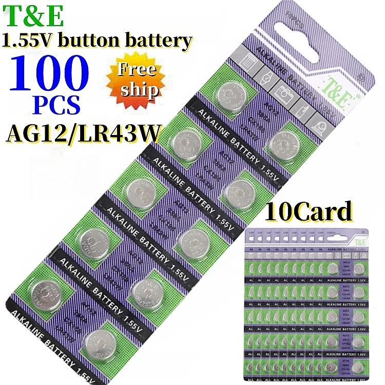 100PCS  AG12 LR43 SR43 186 386 LR1142 V12GA AG12 1.55VButton Batteries SR43W SR1142 Cell Coin Watch Toys Remote Battery