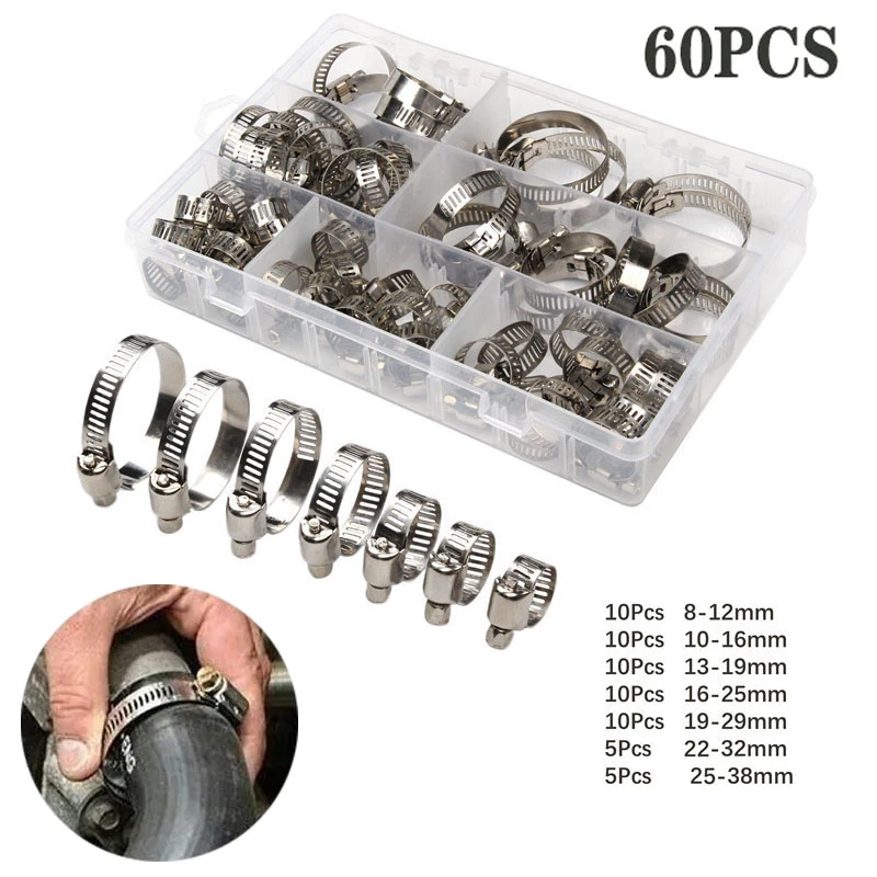 

60pcs/Set Stainless Steel 8mm To 38mm Adjustable Hose Spring Clamp Kits For Plumbing Fastener Pipe Fuel Tube Faucet Repairs Tool