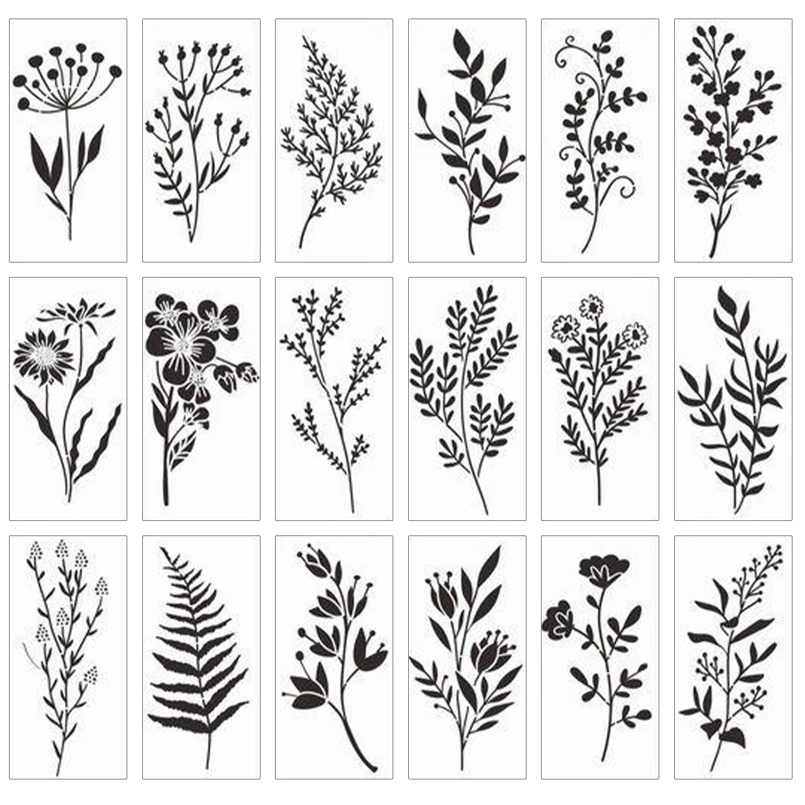 18pcs Reusable Scrapbooking Card Decoration Plants DIY Art Wildflower Stencil Drawing Templates Wall Painting On Wood For Crafts