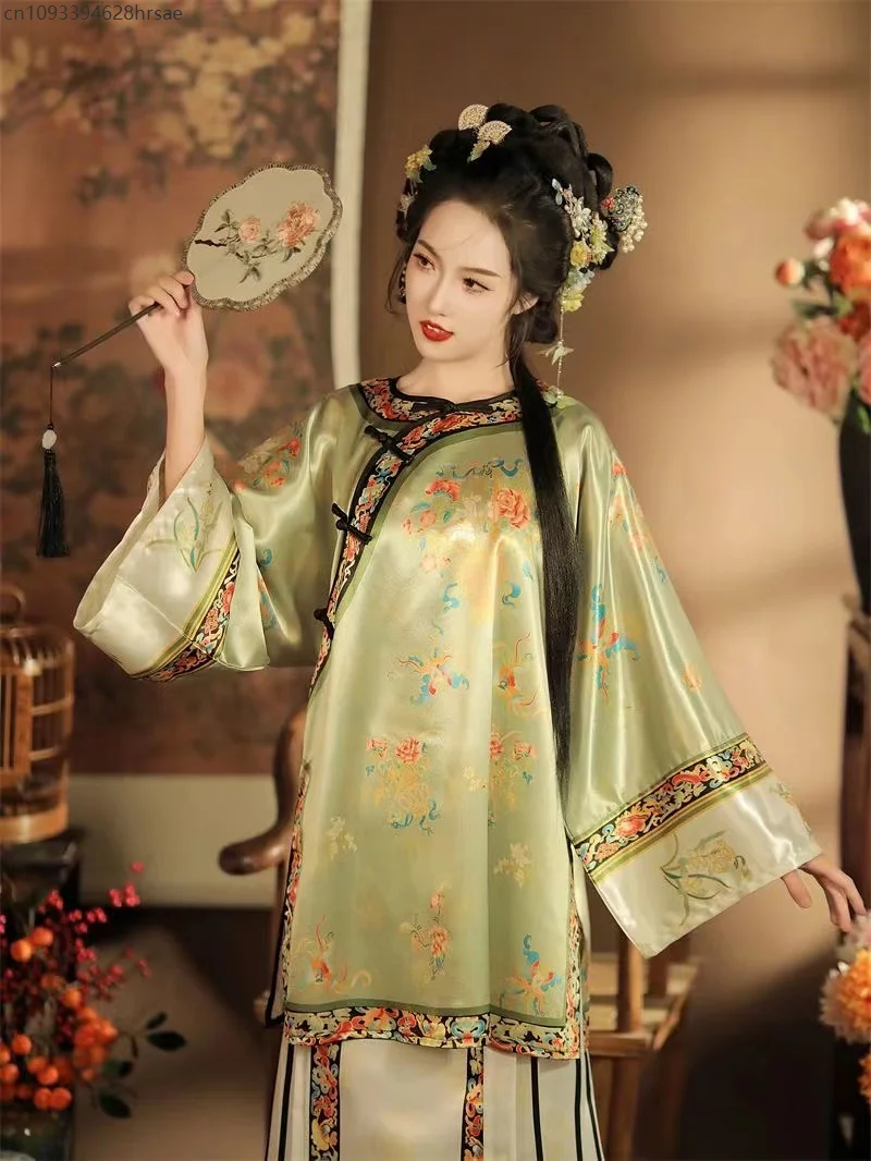 مجموعة تنورة نسائية من Qing Dynasty Hanfu كلاسيكية ذات ياقة مائلة ورقبة دائرية وطباعة هان للفتيات على طراز القصر على شكل وجه حصان #5